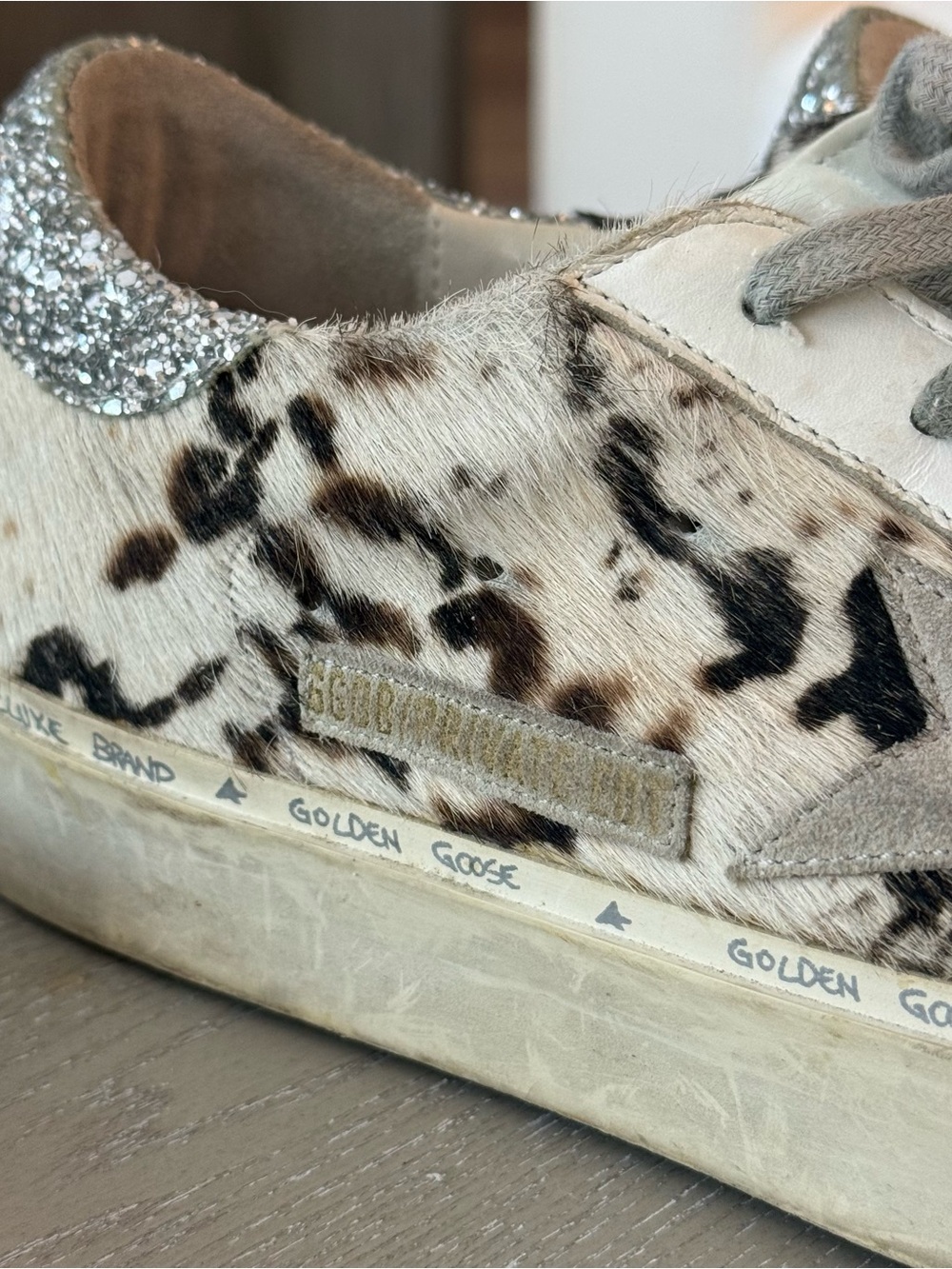 Golden Goose Cowhide White & Grey Glitter Heel Hi Star Sneakers - Picture 2 of 7